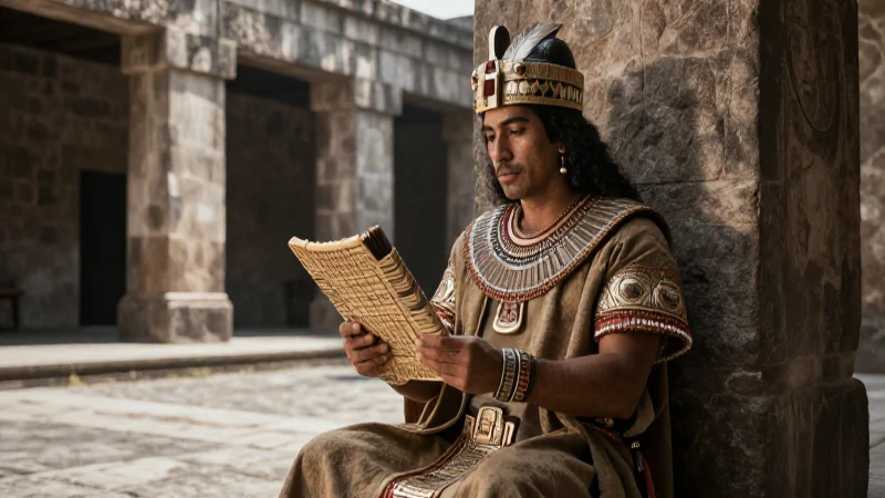 Nezahualcóyotl reflexiona con un códice Mexica en Tenochtitlan