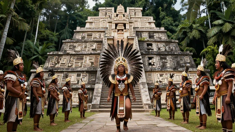 Majestuoso gobernante maya frente a palacio