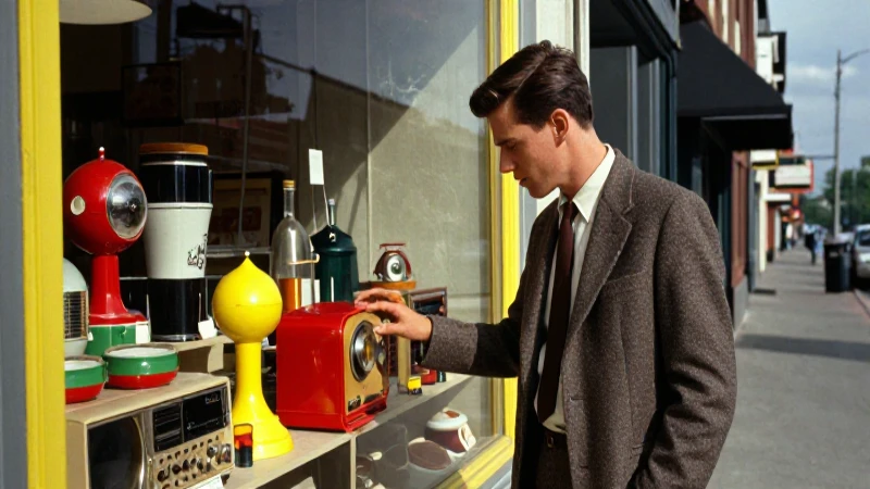 Joven mod inspecciona productos retro