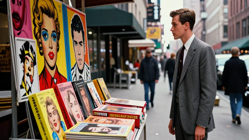 Joven en traje 60s ve arte Pop en Nueva York
