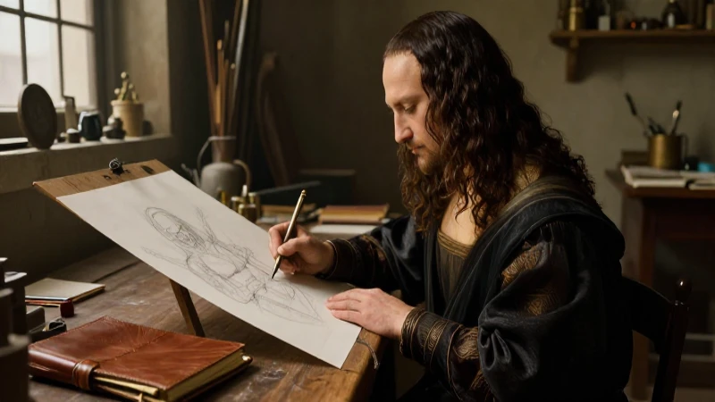 Leonardo da Vinci en su taller, dibujando anatomía