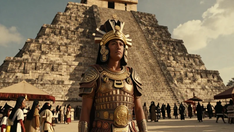 Guerrero mexica en su armadura ante pirámide y mercado