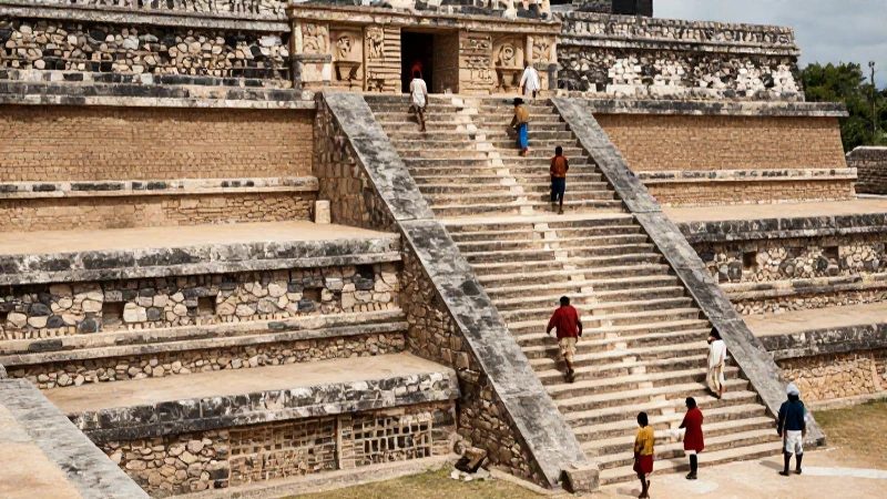 Construcción ceremonial mesoamericana con obreros