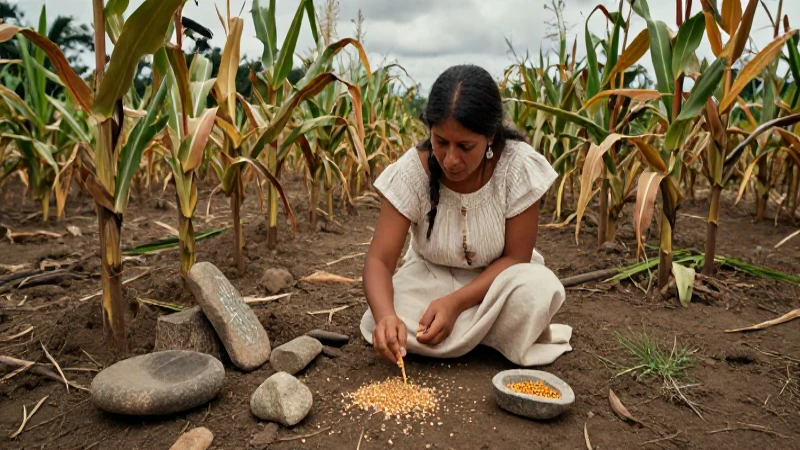 Mujer mesoamericana sembrando maíz con herramientas de piedra