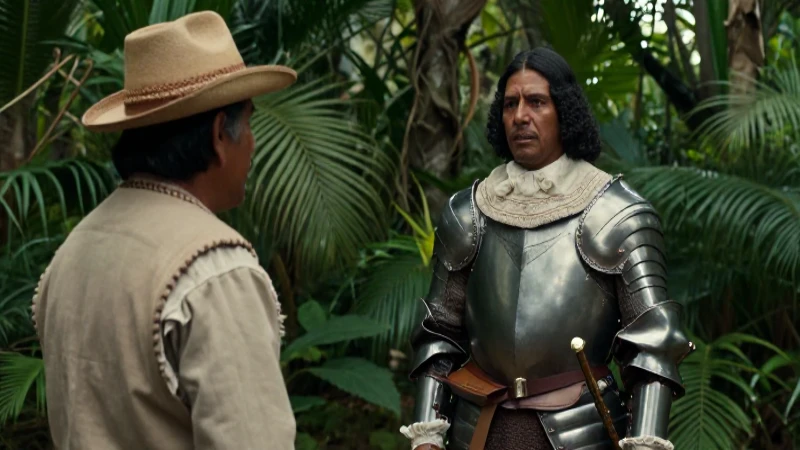 Indígena observa al conquistador en la selva
