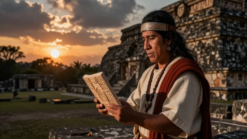 Sacerdote mexica estudia códices al atardecer
