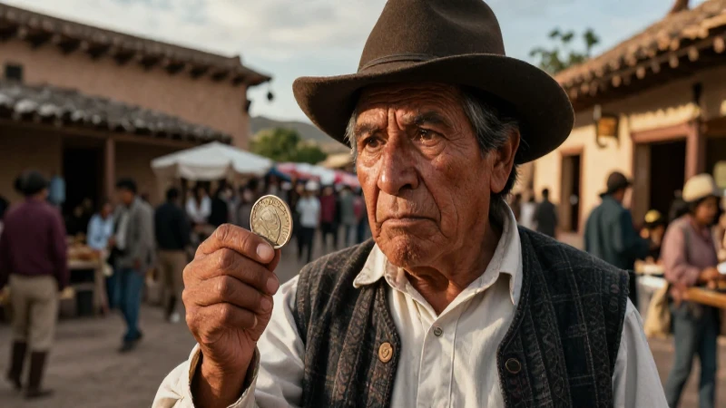 Comerciante indígena examina moneda en mercado colonial