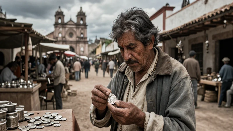 Mercader colonial examina monedas en mercado de Nueva España