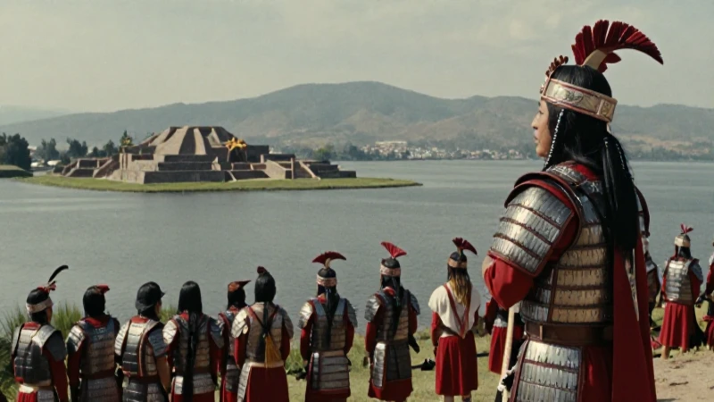 Líder indígena y soldados miran el lago con Tenochtitlan
