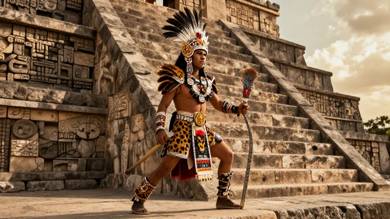 Dioses aztecas: Poderes y mitología de deidades mexicas 49 Guerrero Mexica ante el Templo de Huitzilopochtli