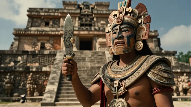 Guerrero azteca con cuchillo sacrificial en templo antiguo
