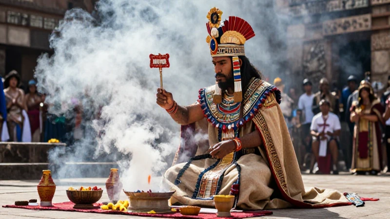 Sacerdote azteca en rituales dramáticos en Templo Mayor