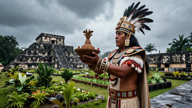 Sacerdote azteca bajo lluvia, ritual en chinampas