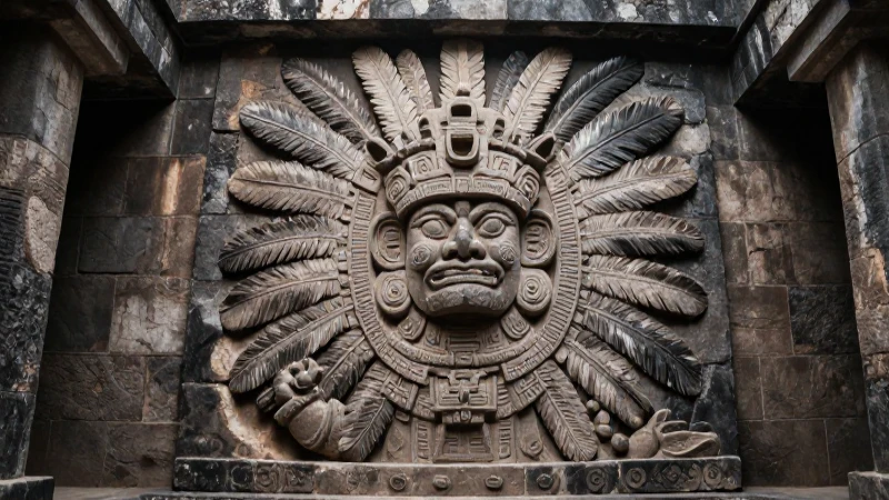 Sacerdote Tolteca en templo de piedra con Quetzalcóatl