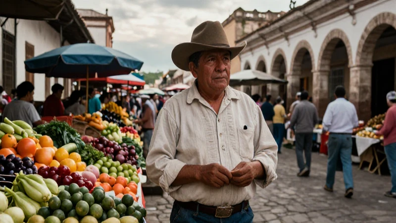 Artisano mexicano en mercado histórico con luz dramática