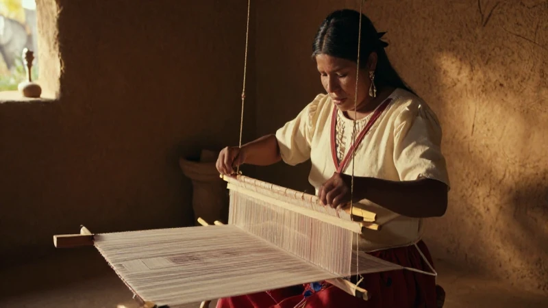 Cómo influye la producción artesanal en la tradición de Mesoamérica 22 Tejedora mesoamericana en taller de adobe al atardecer