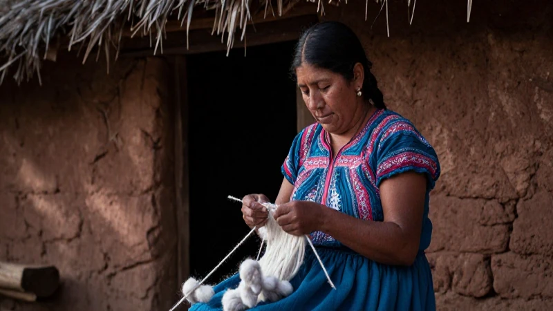 Mujer Purépecha teje en casa tradicional michoacana