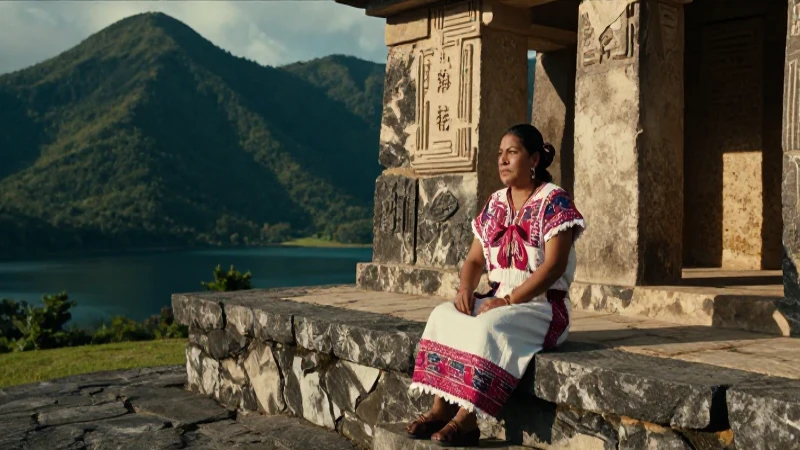 Purepecha en templo ancestral, paisaje montañosos al atardecer