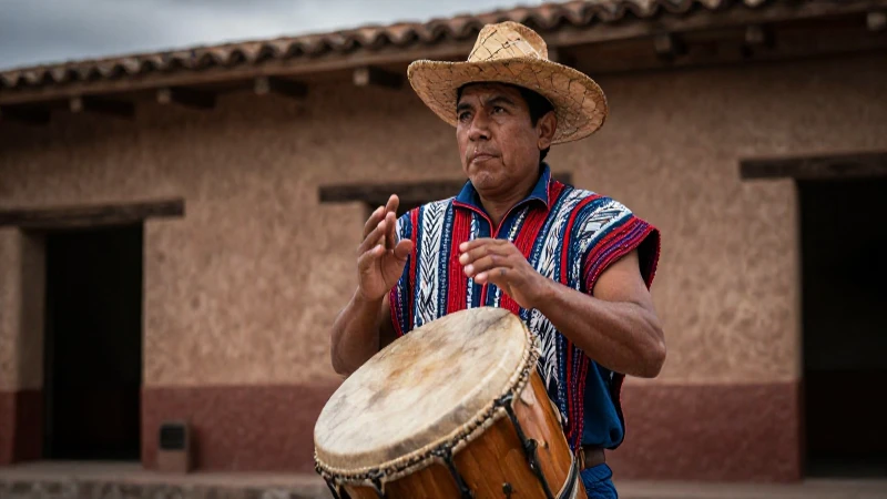Purépecha ceremonial tocando tambor en adobe