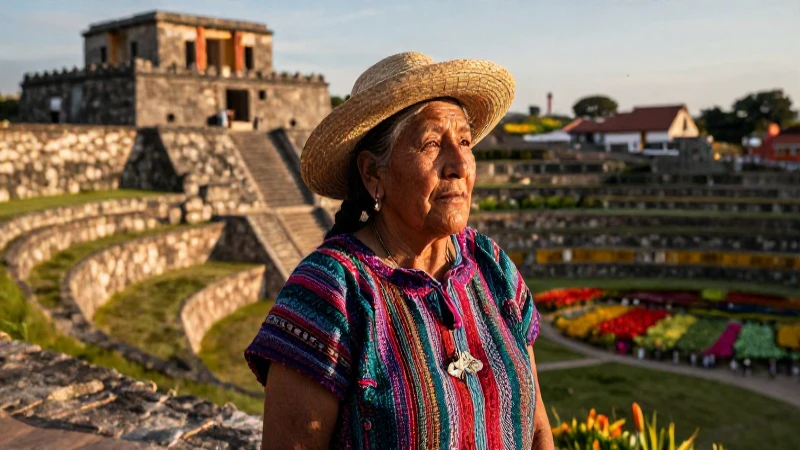 Mujer Purépecha ancestral en paisaje histórico