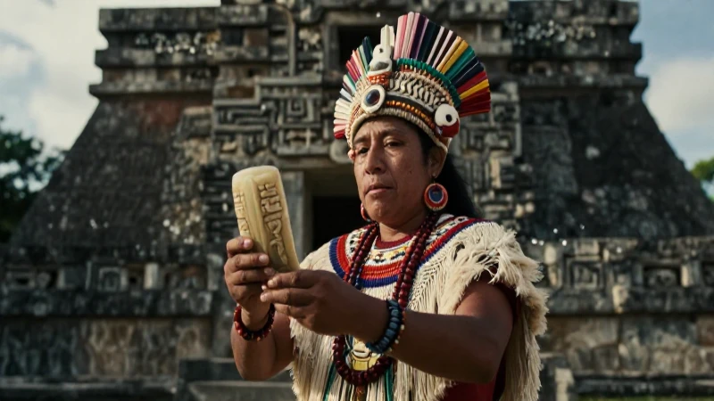 Purépecha noble con obsidiana ante templo antiguo