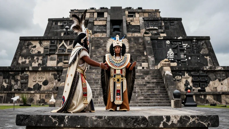 Cómo se conectaban los aztecas con la naturaleza y sus dioses 53 Sacerdote azteca en ritual dramático ante Templo Mayor