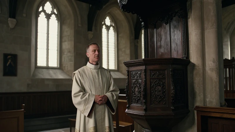 Sacerdote colonial en iglesia antigua bajo luz dramática