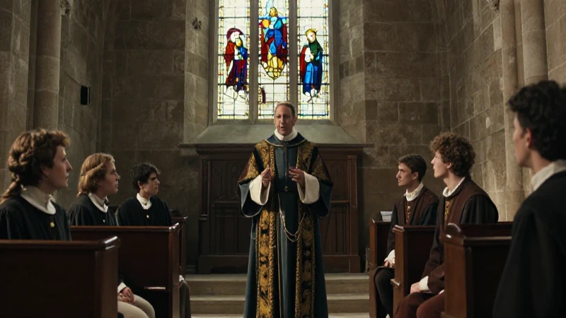 Friar enseña a alumnos en iglesia colonial histórica