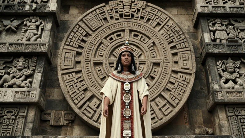 Sacerdote azteca con calendario en templo antiguo