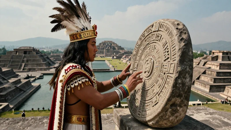 Sacerdote azteca estudia el calendario en Tenochtitlan