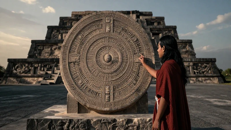 Sacerdote azteca estudia un códice en el Templo Mayor