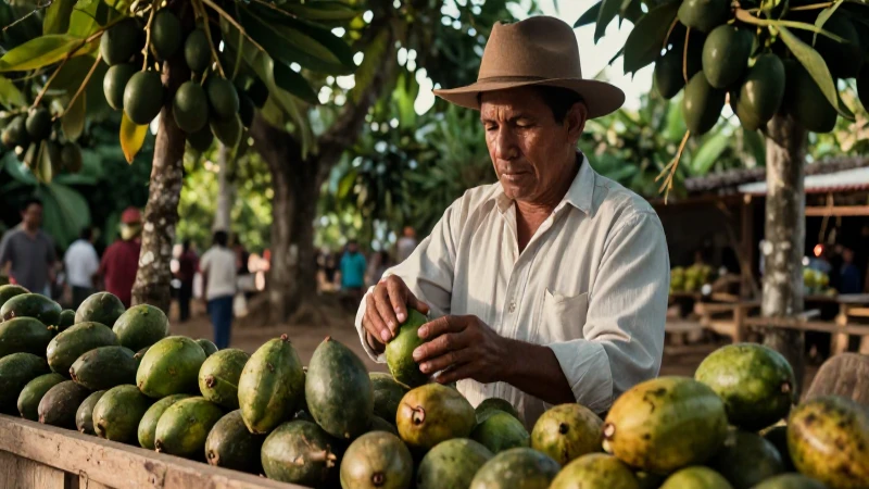 Vendedor colonial con chicozapote en mercado