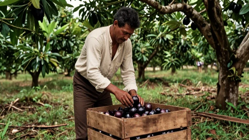 Colono cosecha mamey en huerto tropical