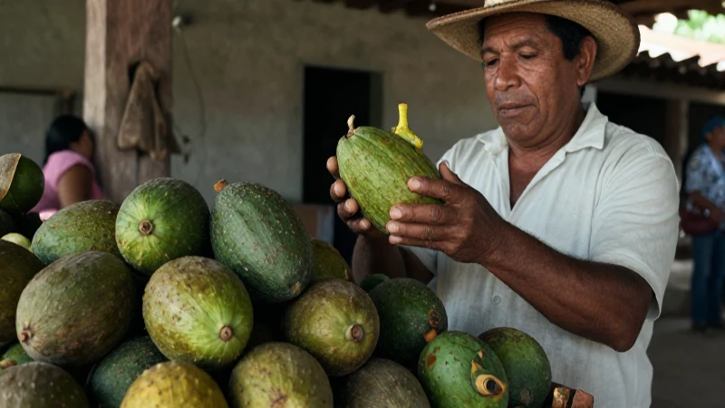 Vendedor examina chicozapote en hacienda colonial