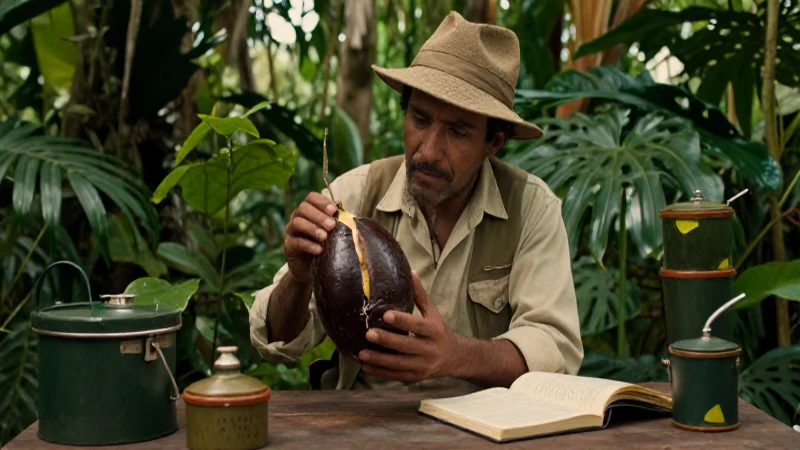 Botánico examina fruta tropical en la selva