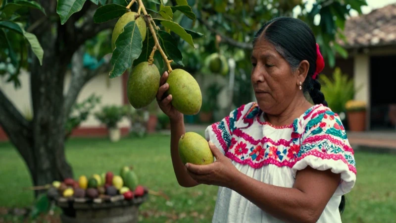 Mujer ancestral recolectando fruta tropical