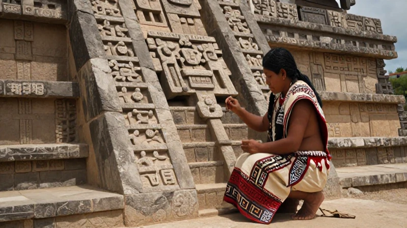 json{ oracion: Mesoamericano en vestimenta tradicional dentro de estructura ancestral.}