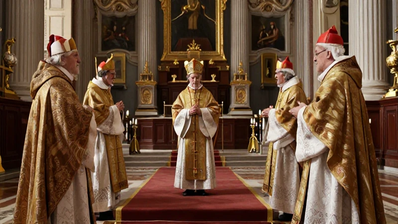 Cardenales discuten solemnemente en un palacio barroco