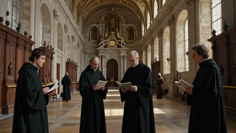 Sacerdotes jesuitas en un majestuoso salón barroco