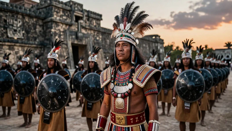 Guerrero Mixteca en fortificación al atardecer