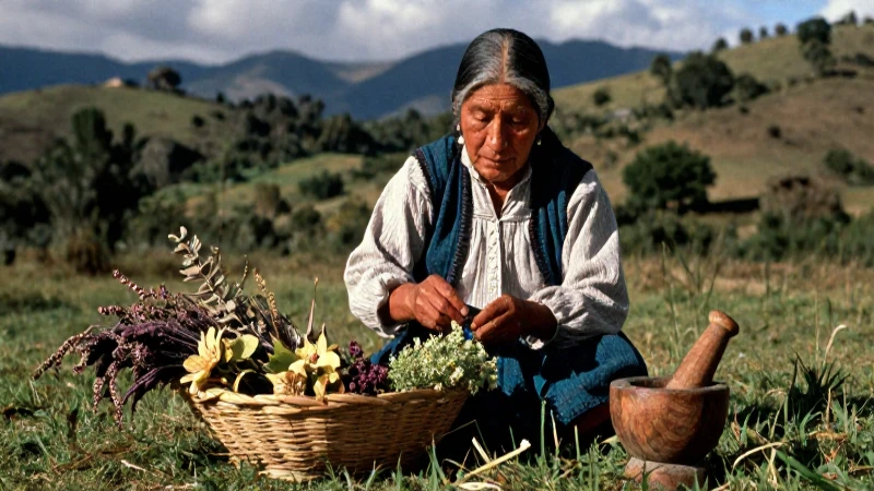 Curandera mexicana recolectando hierbas en paisaje histórico