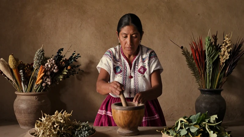 Curandera mexicana en entorno rústico, con hierbas y mortero