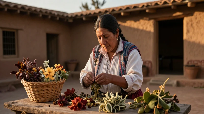Herbolario mexicano selecciona plantas en el patio al atardecer