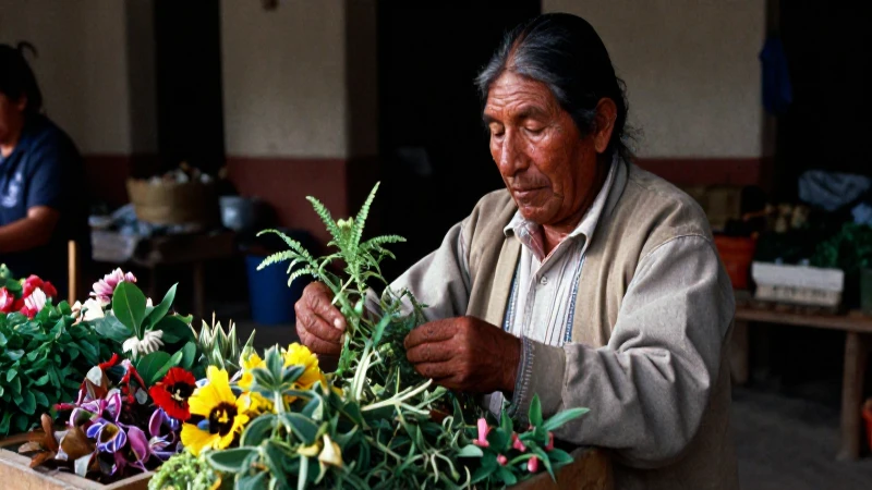 Herbalista mexicana recolectando hierbas en mercado colonial
