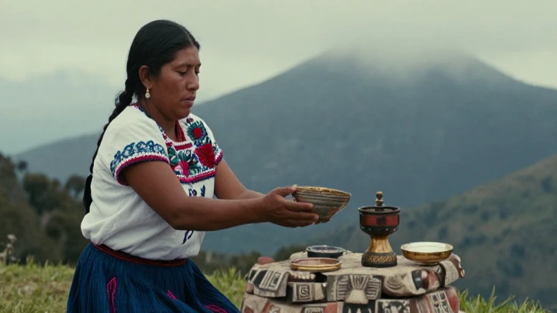 Mujer Huasteca ofrece ofrendas en altar ancestral