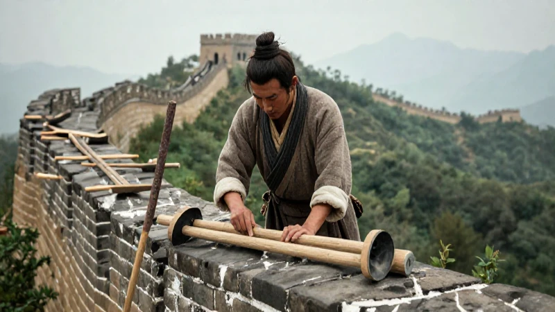Trabajador en la Gran Muralla, estilo documental cinematográfico