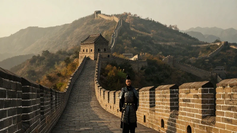 Muralla China antigua con soldado en la niebla