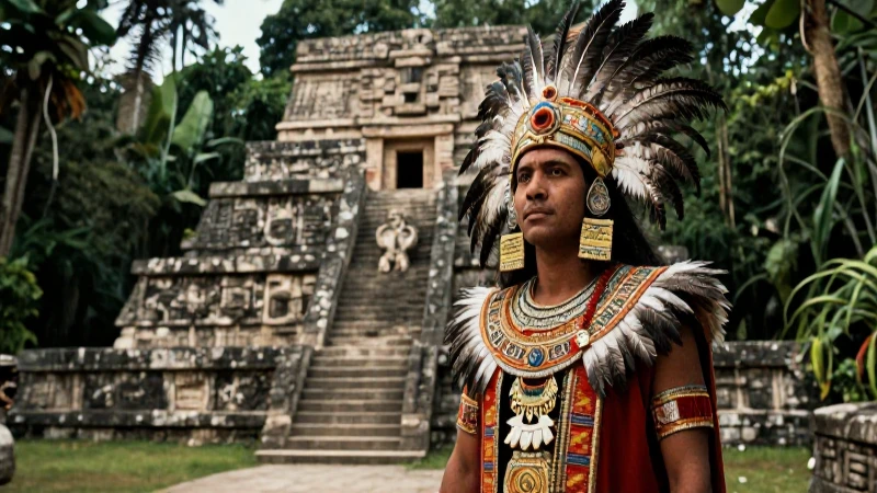 Sacerdote azteca en templo mesoamericano de jungla