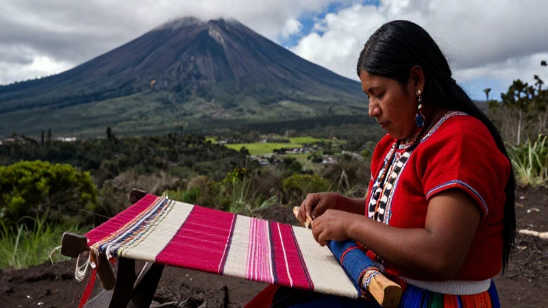 Artesanos mesoamericanos tejen algodón en paisajes volcanes