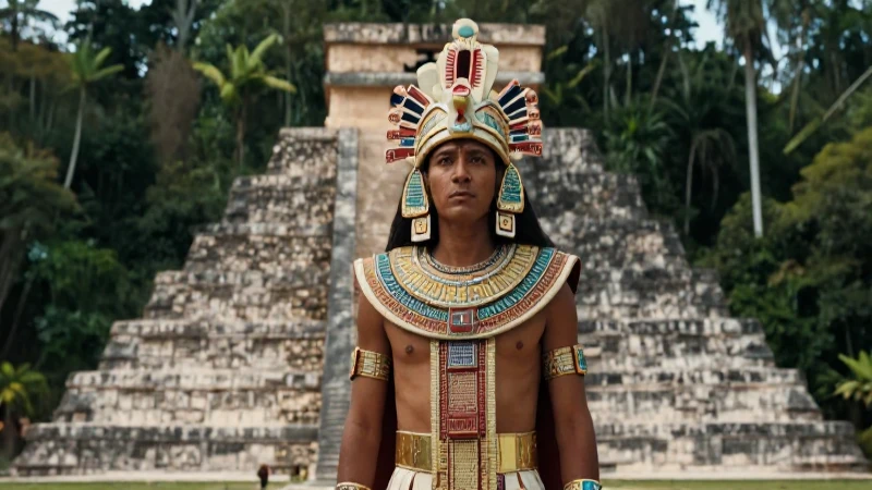 Noble azteca ante pirámide mesoamericana